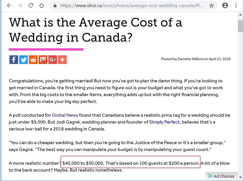 Expect to spend $40,000 to $50,000 on a wedding according to Slice.ca